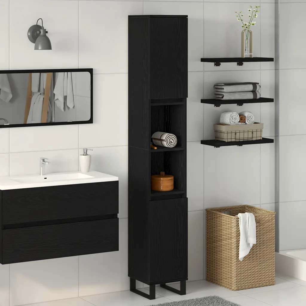 Meuble Colonne Salle de Bain Anti-Humidité Noir et Chêne 190 cm