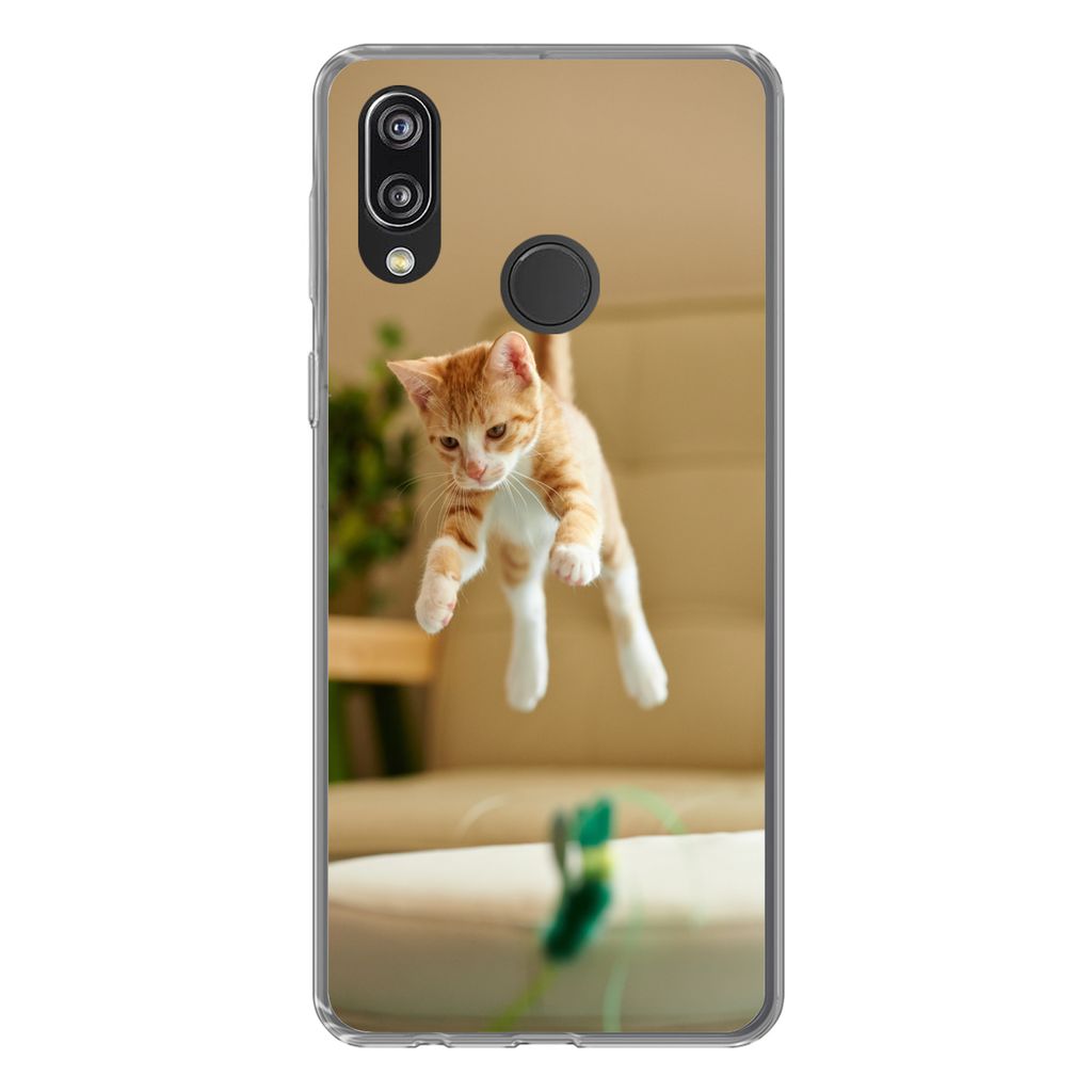 MuchoWow Handyhülle Schutzhülle Hülle für Huawei P20 Lite (2020) Katze - Springen - Spielzeug Silikon Softcase Handy Hülle - Kartenhalter
