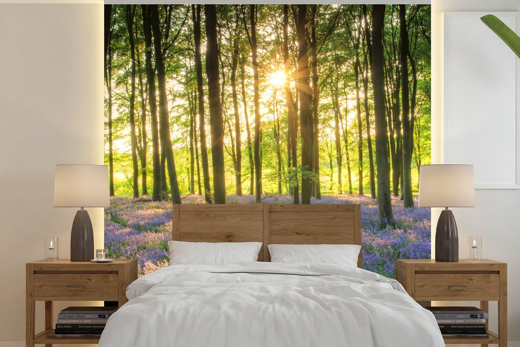 MuchoWow Fototapete für Wohnzimmer oder Schlafzimmer Wandtapete Vinyl Motivtapete Frühling - Wald - Sonne - 260x260 cm - Papiertapeten