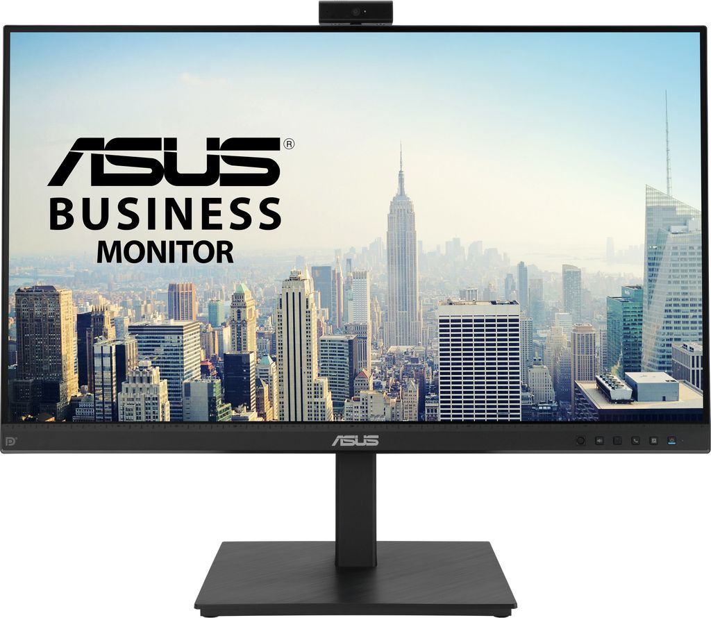 A computer monitor displaying a city skyline with the ASUS logo and text.
