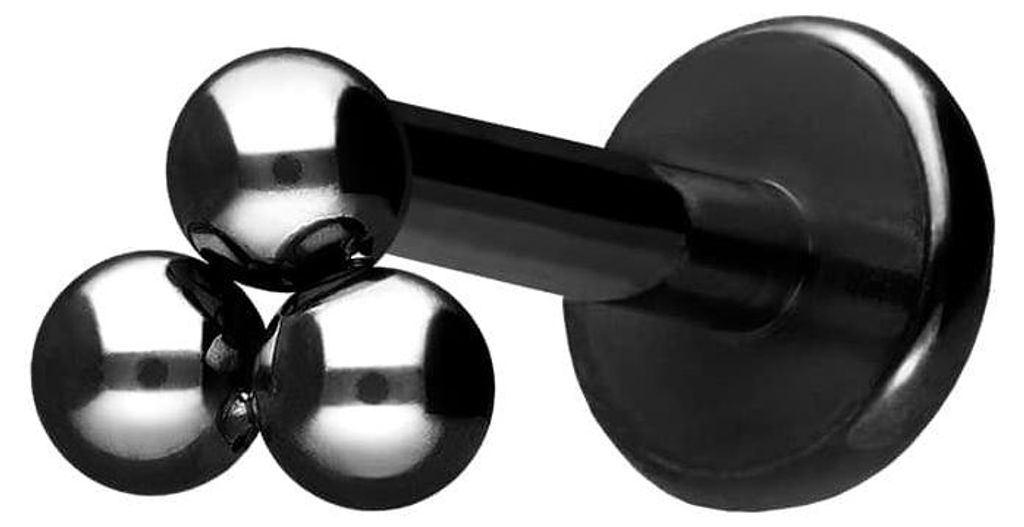 Ohrpiercing, Nasenpiercing Titan Labret mit Innengewinde 3 KUGELN Schwarz Stablänge: 6mm | Stabstärke: 1,2mm