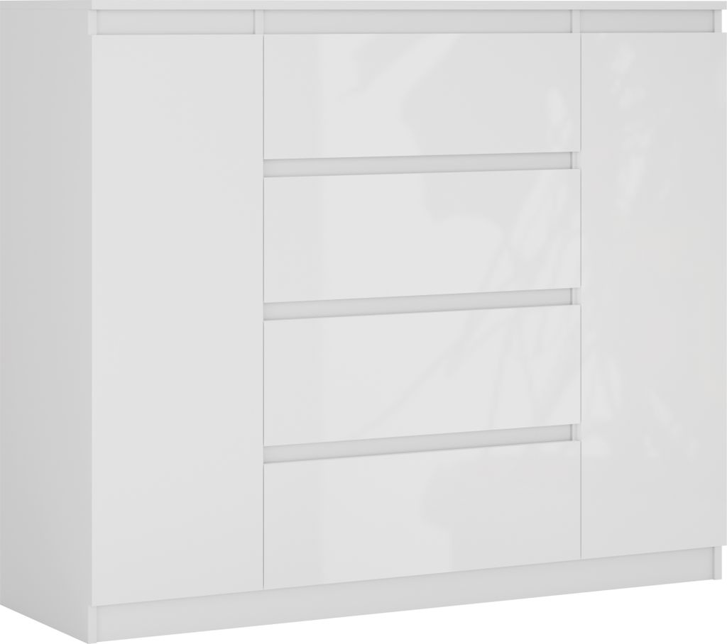 A white, glossy chest of drawers with two doors on the left and four drawers on the right, shown from a slightly angled front view against a white background.