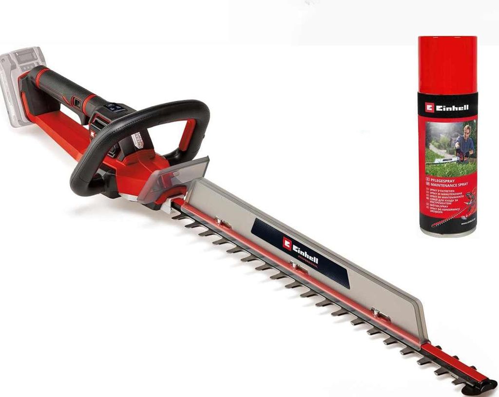 A red and black cordless hedge trimmer and a can of maintenance spray are displayed against a white background.
