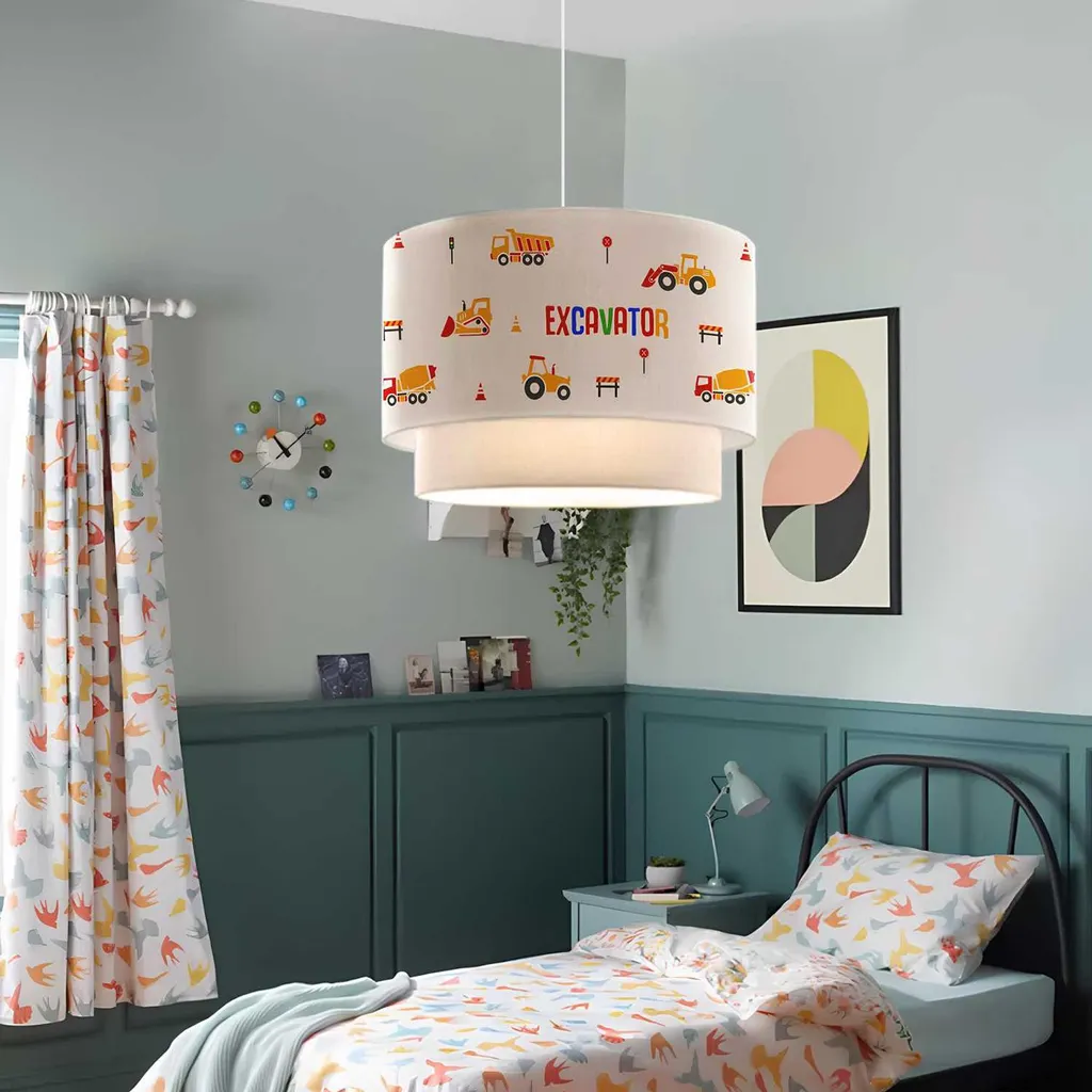 Lampada Sospensione Lurgan E27 Tessuto Bianco Motivo Veicoli
