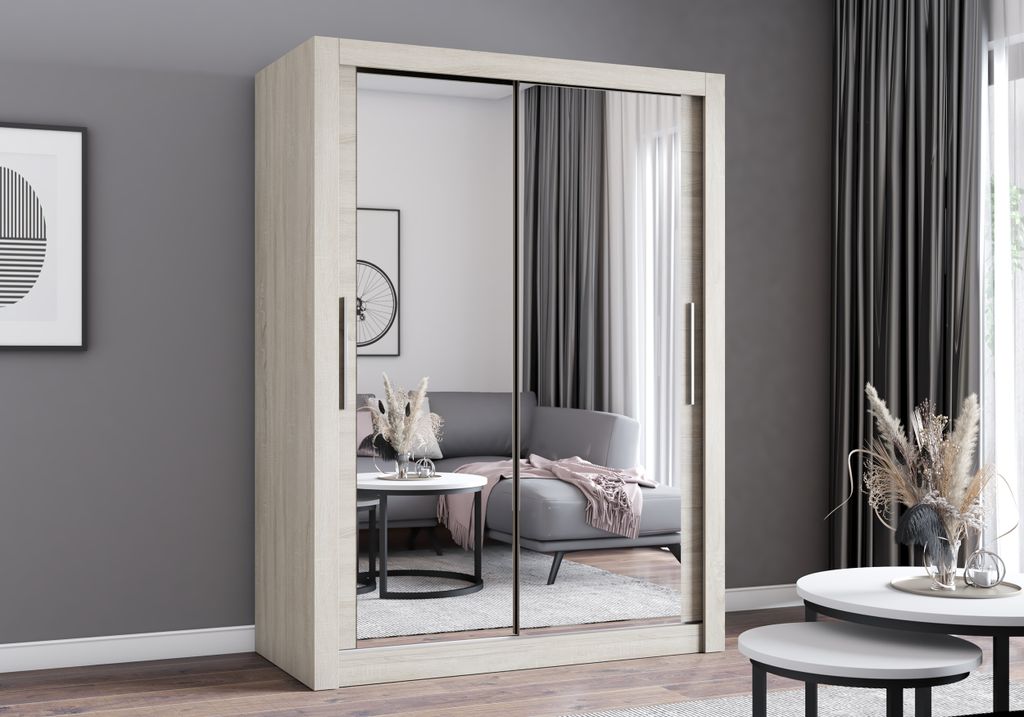 Easy4You MN Sonoma Schiebetürenschrank Kleiderschrank 180x215x64 cm mit Spiegel - Schlafzimmermöbel, Aufbewahrung – Mehrzweckschrank mit 2 Klei...