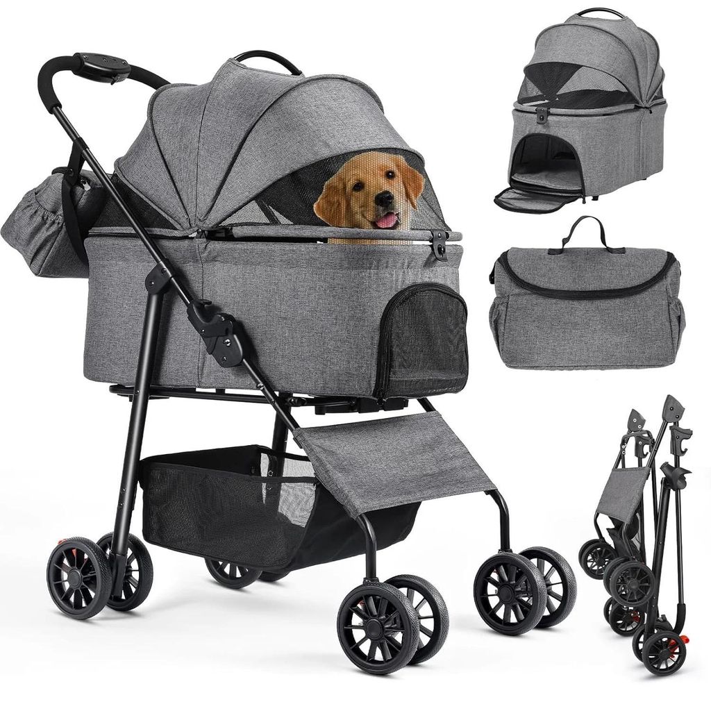 Haustier Buggy für Hund & Katze - 4-rädriger Hundewagen - Klappbar - Jogger - Für kleine & mittelgroße Hunde bis 30 kg - Korb & atmungsaktives ...