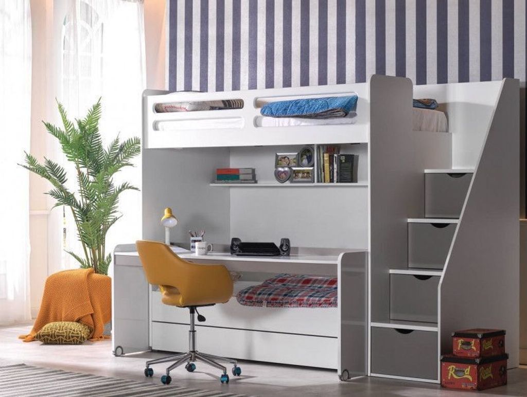 Hochbett-Set Smarti 4-teilig mit 3 Schlafplätzen mit Schrank - Grau
