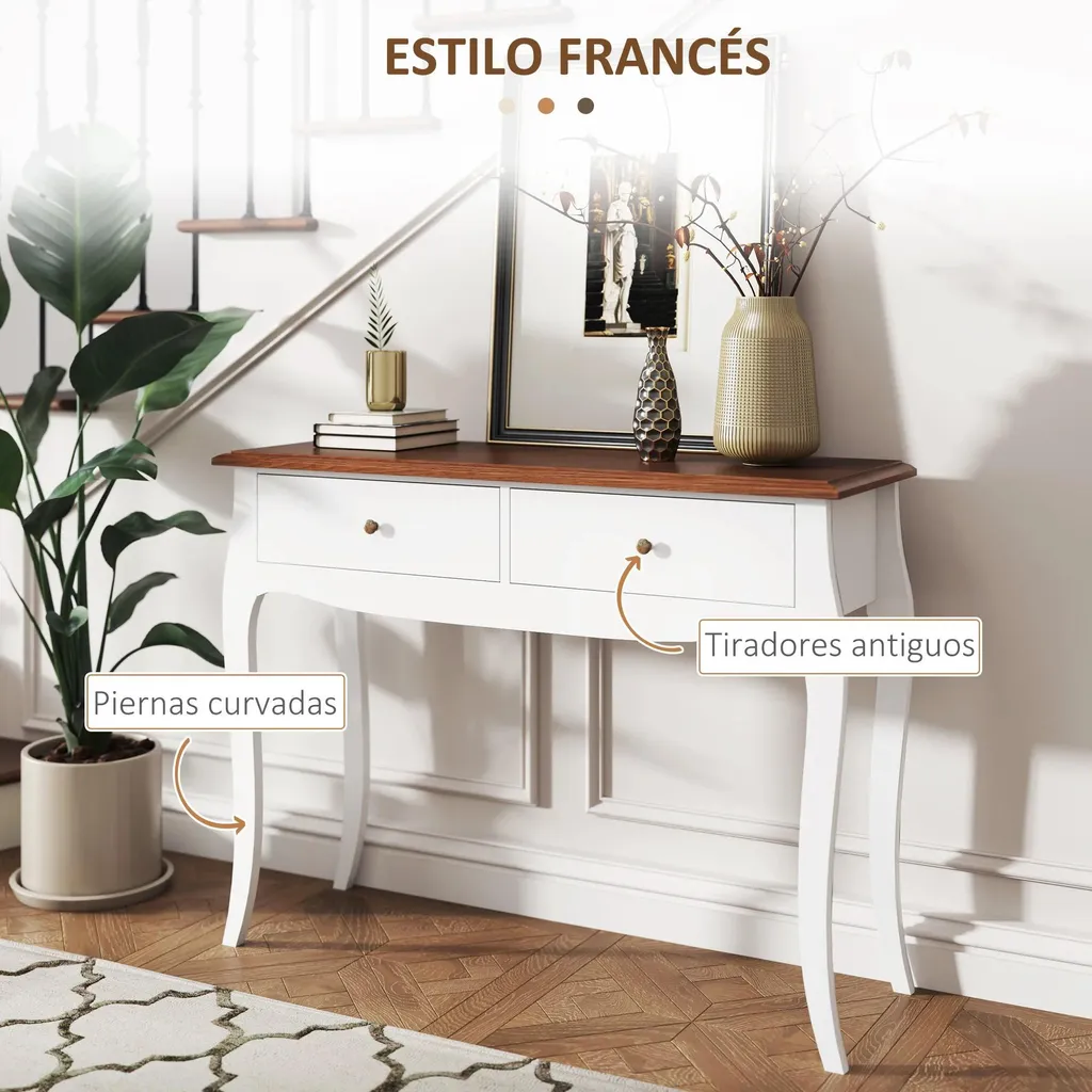 Console 2 Tiroirs de Rangement Blanc - Table Entrée Design 100x35 cm - 5