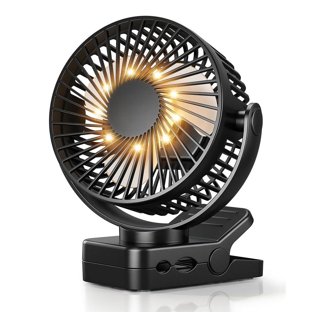 USB-Ventilator, 12000mAh wiederaufladbarer Tischventilator, mit Fernbedienung, Magnetbasis, 3 Stufen, LED, Timer, 360° Haken, Clip, Schwarz
