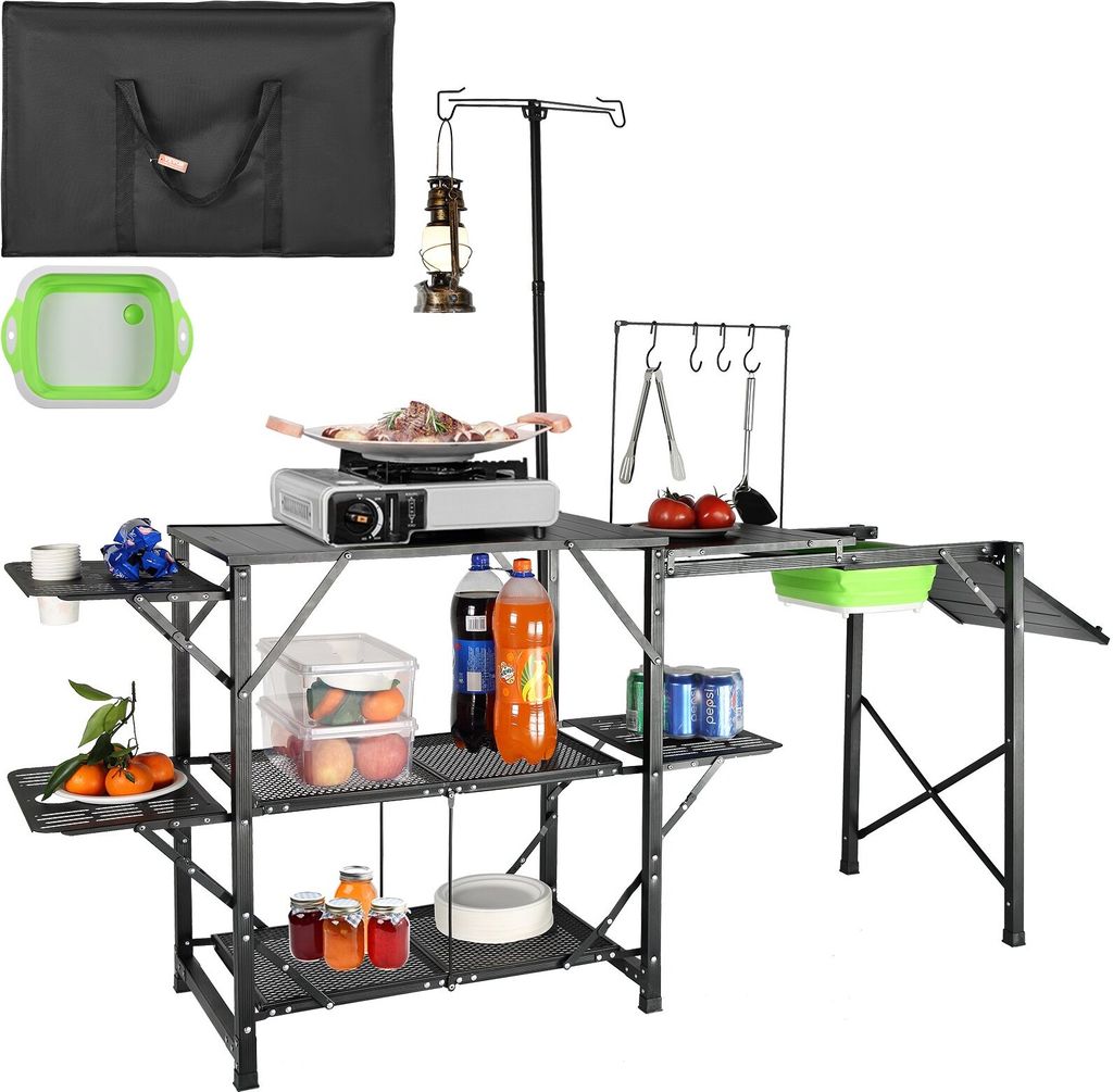 Camping-Küchentisch, zusammenklappbar, tragbare Kochstation, Tische, Regale und ein Waschbecken