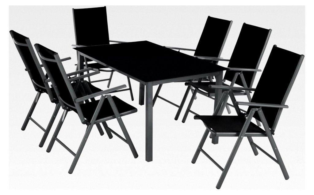 Sitzgarnitur Aluminium Klappstühle, Lounge Set mit 6 Stühlen und 1 Glastisch, wetterfest für Balkon, Garten und Terrasse - anthrazit