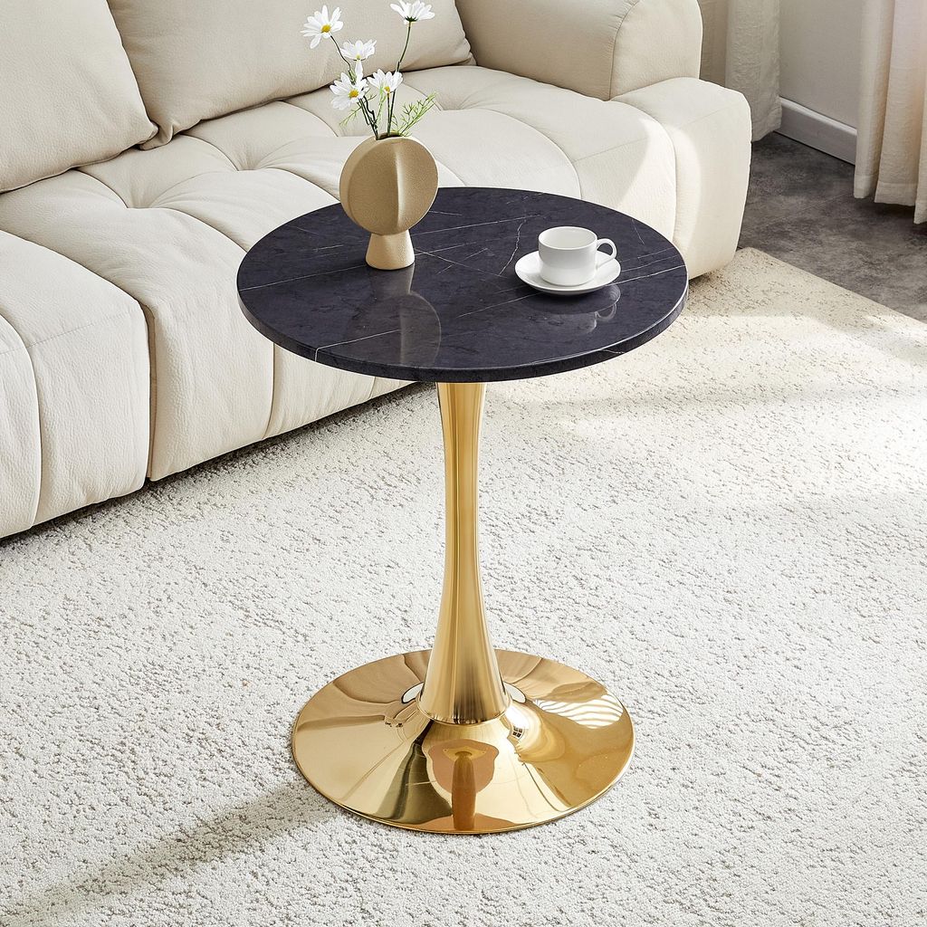 okwish Beistelltisch Rund, kleiner Esstisch,Holzmaserung Tischplatte - Einbein Gestell - Stabiler Trichterfuß Für Wohnzimmer,Schwarz+Gold