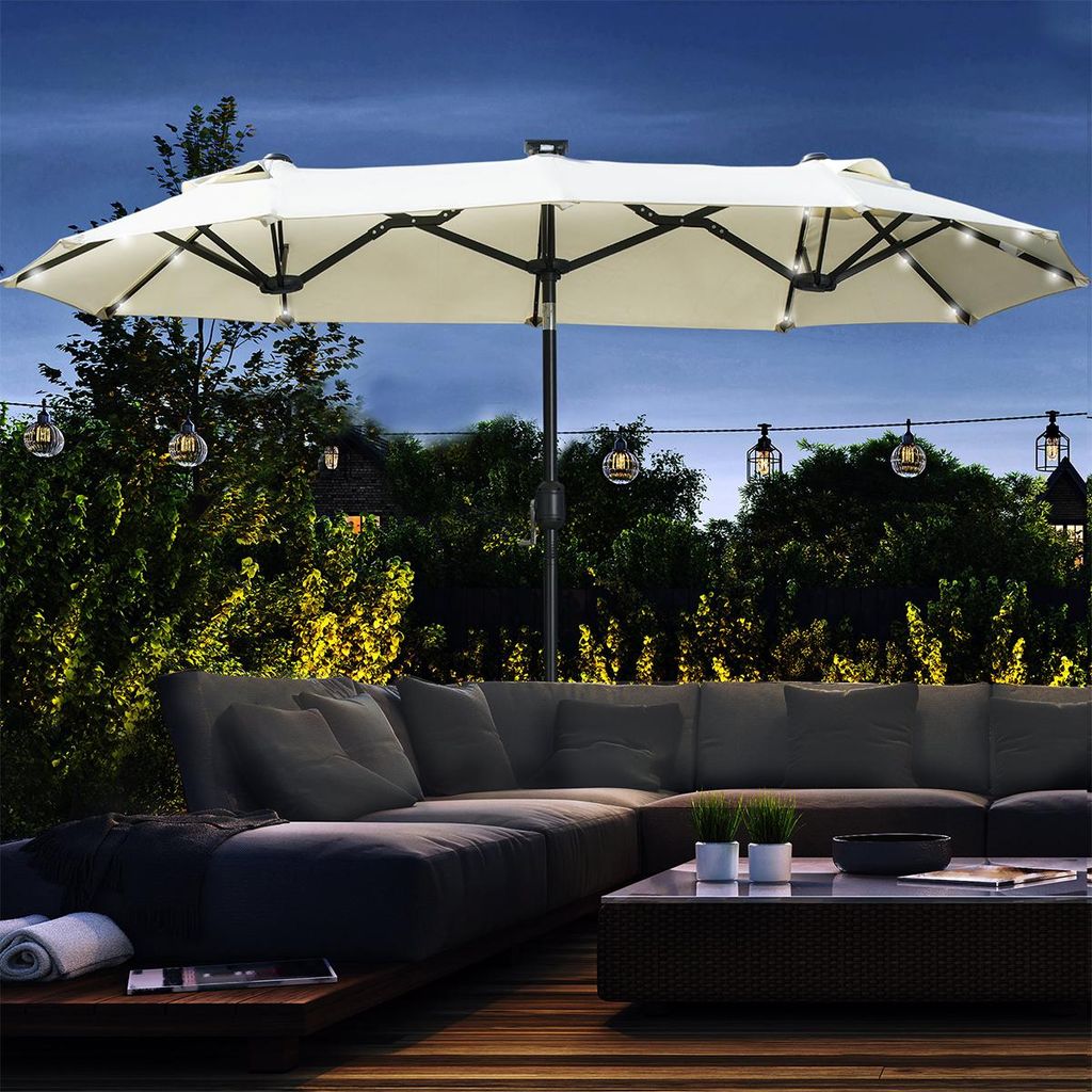 Sonnenschirm mit LED Verstellbarem Neigungswinkel Solar Marktschirm Gartenschirm Doppelsonnenschirm 295 x 219cm Beige