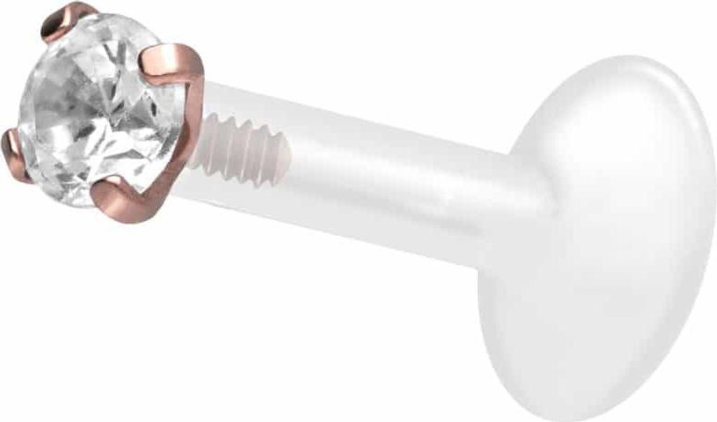 Ohrpiercing, Nasenpiercing PTFE Labret mit Innengewinde + Titan-Aufsatz EINGEFASSTER KRISTALL RoséGold Stablänge: 7mm | Stabstärke: 1,6mm | Kris...
