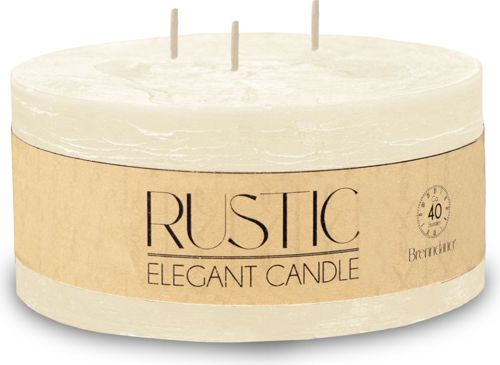 A cream-colored, three-wick candle with a kraft paper label.