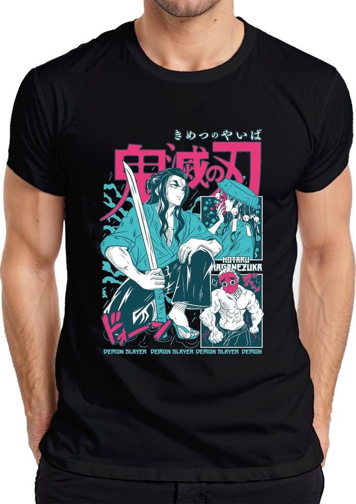 Demon Slayer Kimetsu no Yaiba Schwert Samurai Anime Japan Y2K Streetwear Maske Herren T-Shirt, Schwarz, XL