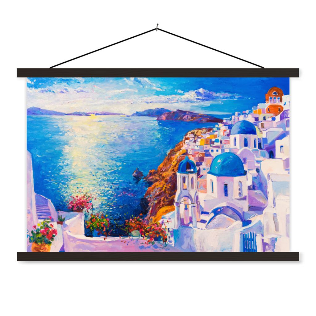 MuchoWow Textilposter Malerei - Griechenland - Wasser - Öl 60x40 cm mit schwarzem Rahmen - Hölzernes