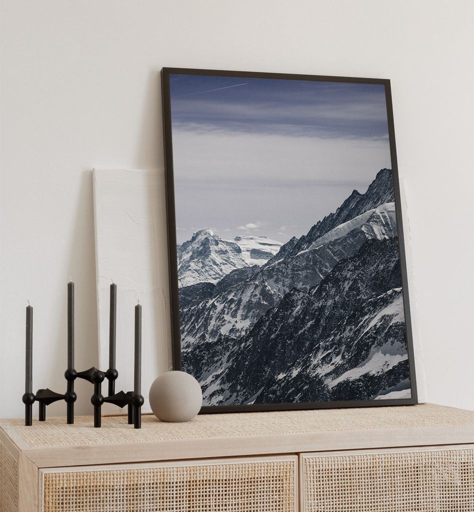 Poster frostige Berge, groesse_poster:50x70 cm, groesse_rahmen:weiß Passepartout 70x100 cm