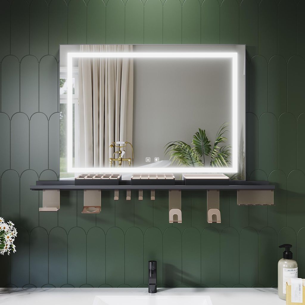 SONNI Badezimmerspiegel 80 x 60 cm, dreifarbig, dimmbar, RA90, beschlagfrei, mit multifunktionaler Ablage