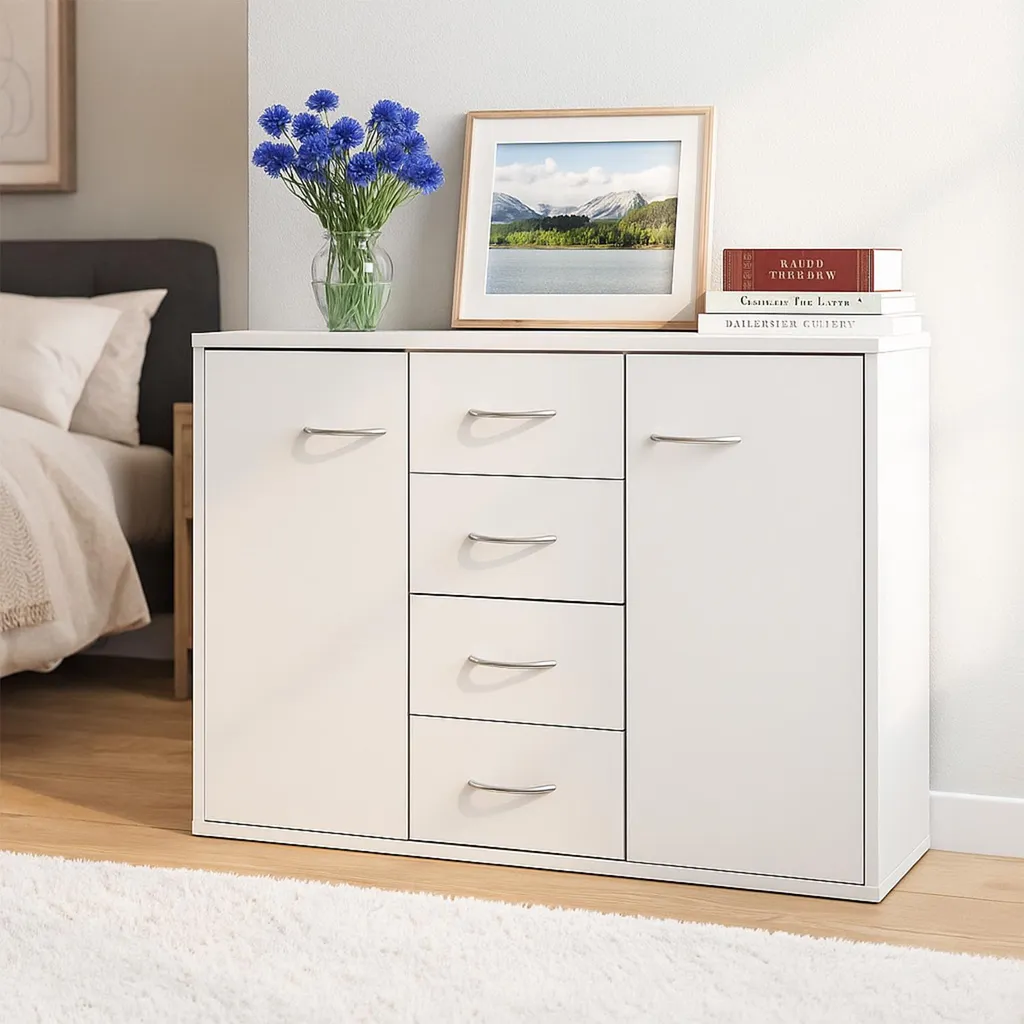 Commode de chambre blanche gain de place | Meuble bas d'entrée 4 tiroirs