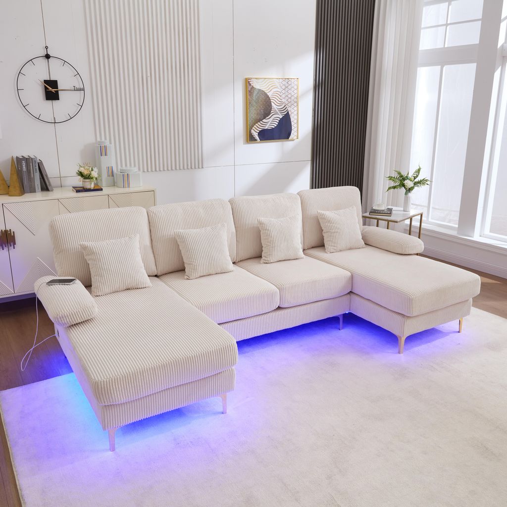 MODFU Ecksofa Schlafsofa mit LED,Loungesofa mit USB-C-Port und 4 Kissen,Modulares Sofa mit ergonomische Rückenlehne,Big Sofa,Beige