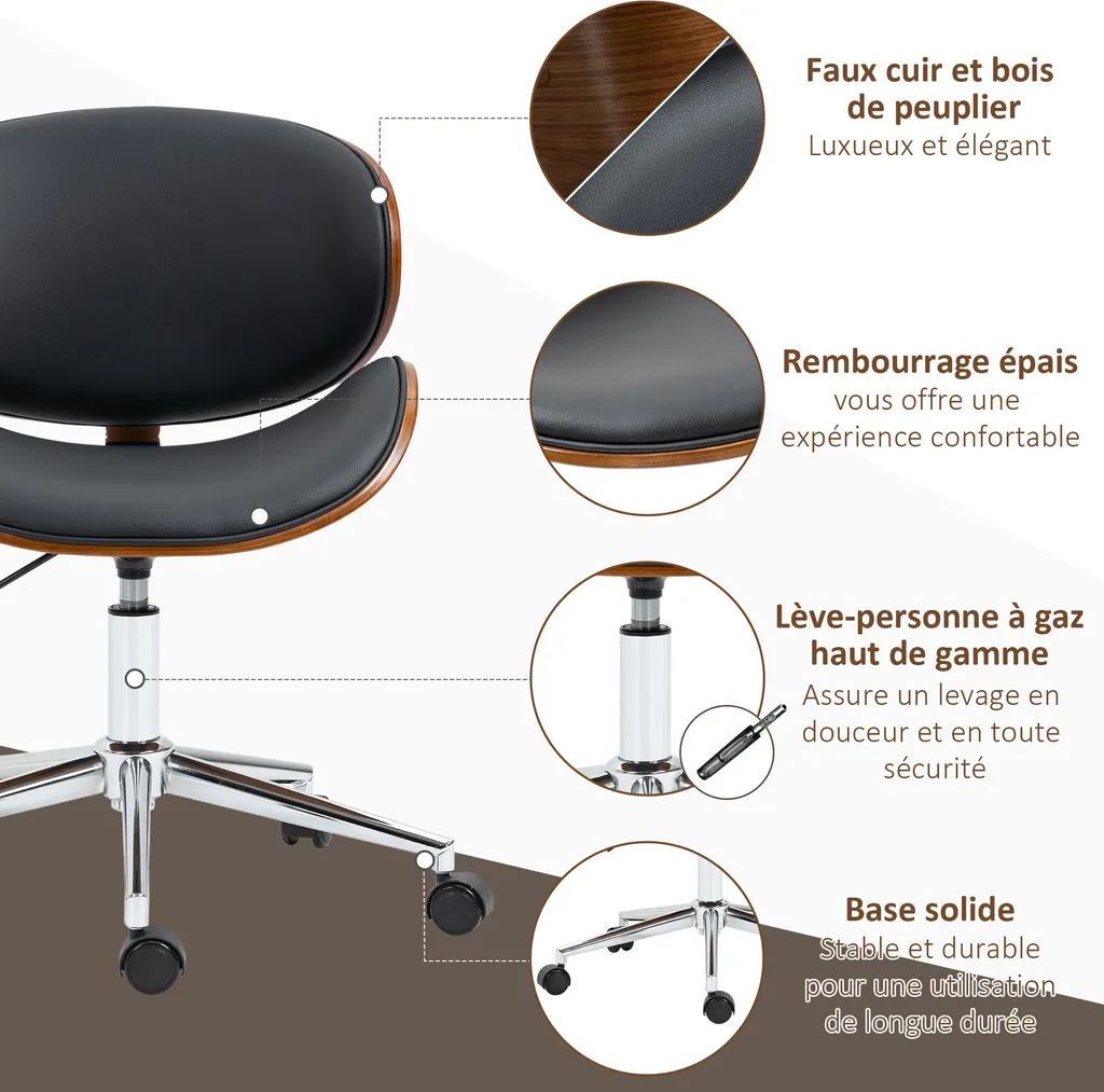 Fauteuil de bureau pivotant design bois et cuir synthétique noir