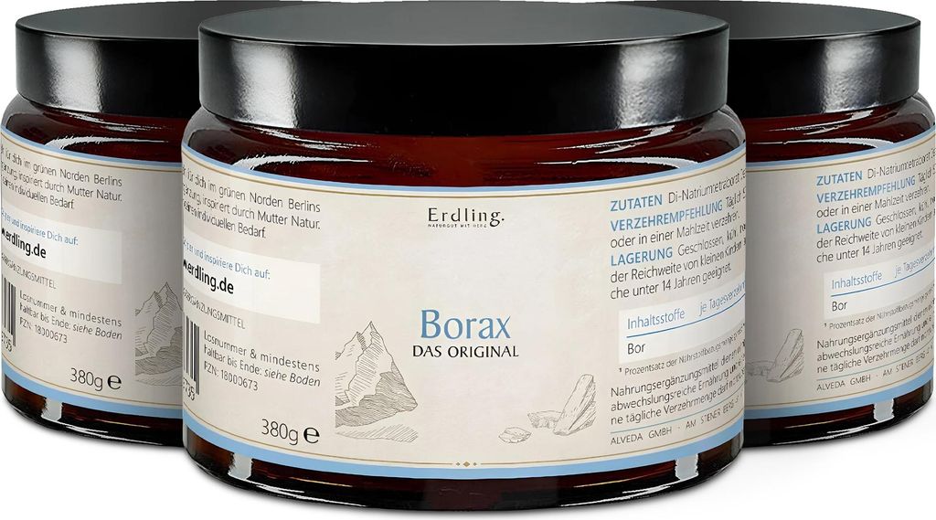 Erdling Borax Pulver - 99,9% Reinheit (Natriumtetraborat) 3x380 g