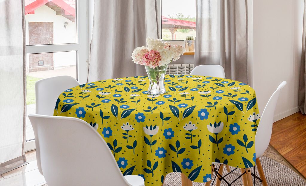 ABAKUHAUS Blumen Runde Tischdecke, Scandinavian Blumen-Blatt, Kreis Tischdecke Abdeckung für Esszimmer Küche Dekoration, 150 cm, Yellow Azure Blau