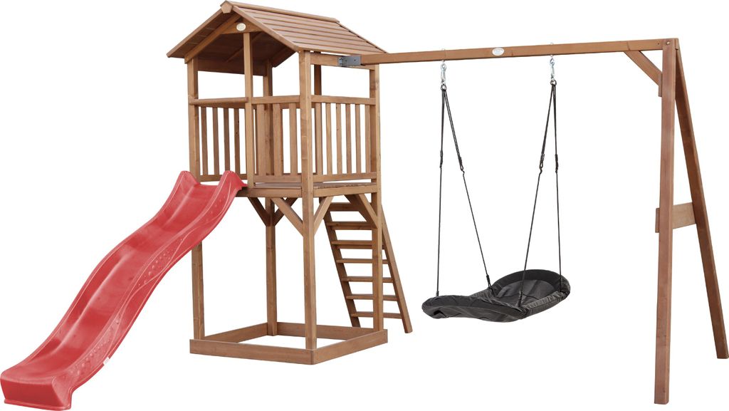 AXI Beach Tower Spielturm aus Holz in Braun | Spielhaus für Kinder mit roter Rutsche, Nestschaukel und Sandkasten | Stelzenhaus für den Garten