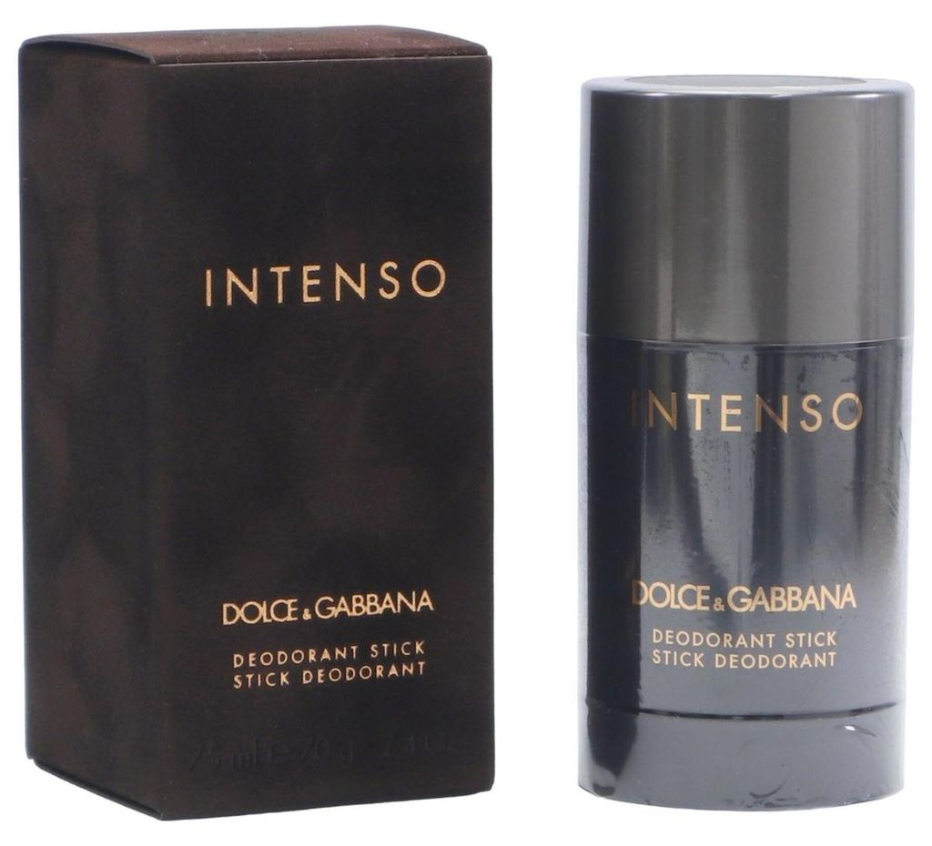 Dunkelbraune Verpackung und glänzender, schwarzer Deostick von Dolce & Gabbana Intenso mit goldener Schrift nebeneinander dargestellt.