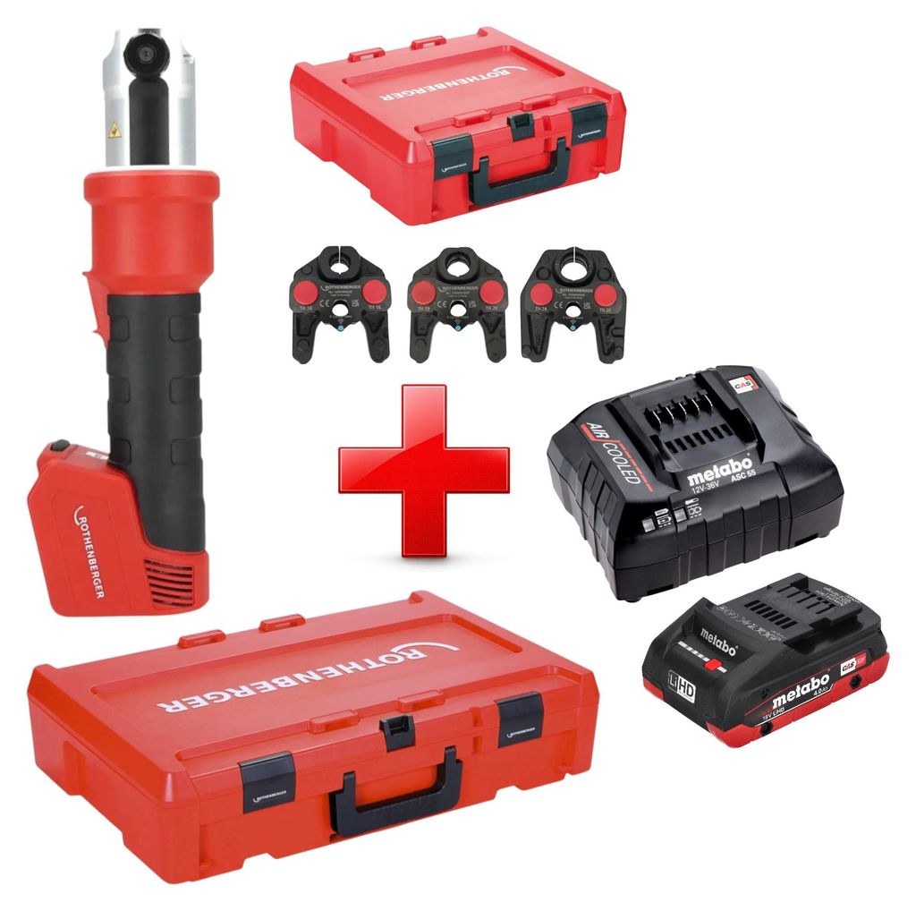Rothenberger ROMAX NANO Akku Pressmaschine 18 V 34 kN CAS + 1x LiHD Akku 4,0 Ah + Ladegerät + 3 tlg. TH Pressbacken Set + Rocase