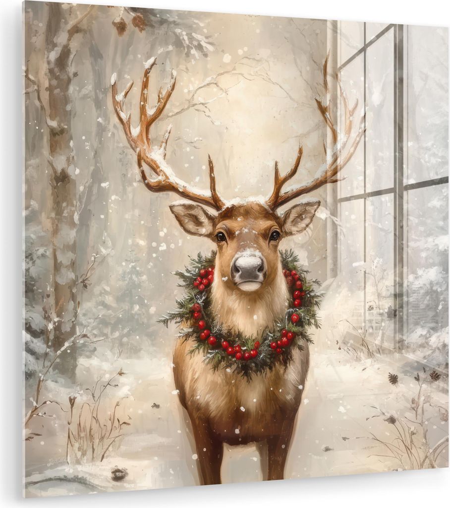 MuchoWow Glasbilder - Bilder auf Wandbild - Foto auf Glas Weihnachten - Rentier - Winter - Kranz 30x30 cm Wanddekoration aus Glas - Acrylglasbild -...