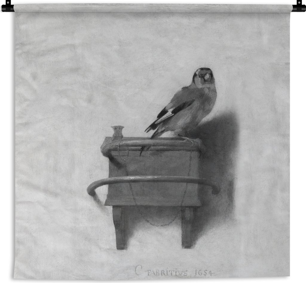 MuchoWow Wandteppich Wandbehang Stieglitz - Alter Meister - Carel Fabritius - schwarz und weiß 150x150 cm Tapisserie Dekoration Wandtuch - Wohna...