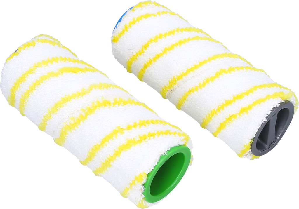 Two paint roller covers with yellow stripes on a white background.