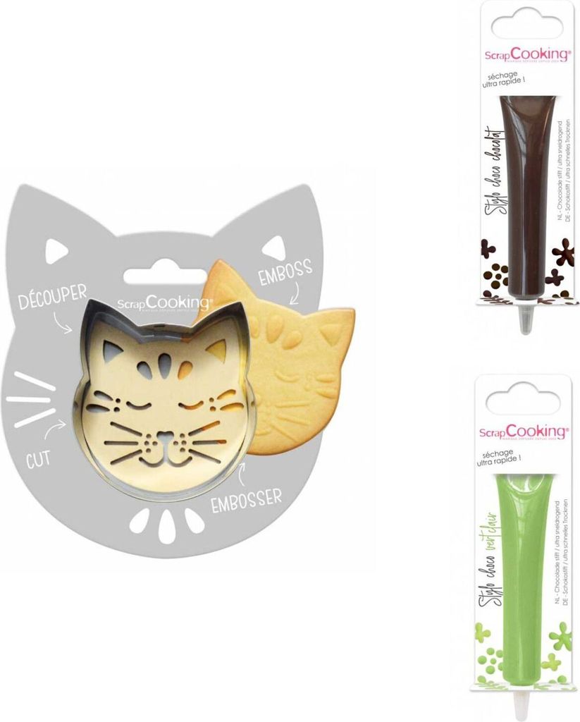 Relief-Kekspackung Katze + 2 braune und hellgrüne Produktbild 