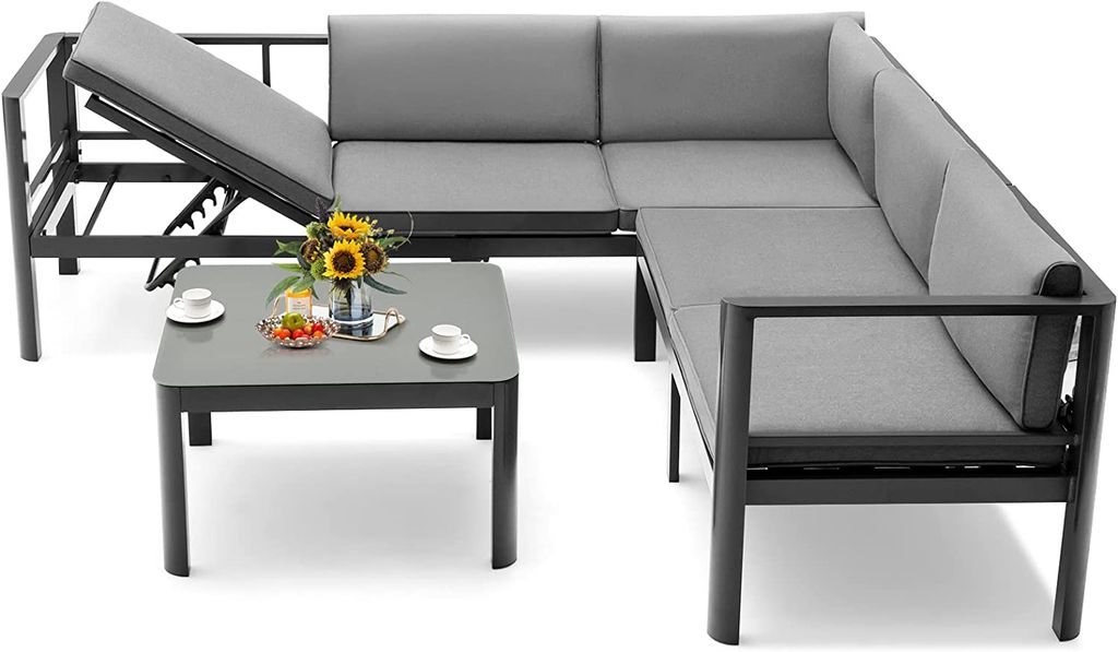 COSTWAY Lounge-Set aus Aluminium, Gartenlounge für 4-5 Personen, Gartenmöbel-Set Sitzgruppe mit Kaffeetisch, Sitzkissen, Ecklounge für Garten, T...