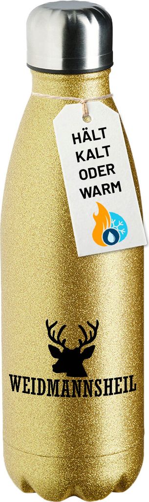 Huuraa Trinkflasche Weidmannsheil Hirsch Jägergruß 500ml Gold Edelstahl Wasserflasche Trinkflasche Geschenkidee
