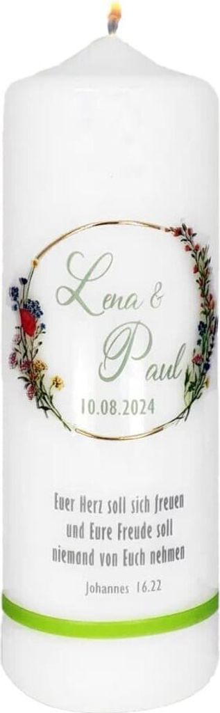 Hochzeitskerze "Blütenreif und Spruch" 220 x Ø 70 mm mit Namensverzierung