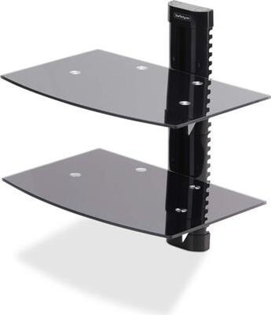 StarTech.com Dual Floating Wall-Mounted AV Shelves, Adjustable Height Shelf For Under TV, Organize A/V Equipment On Black Tempered Glass Shelves
