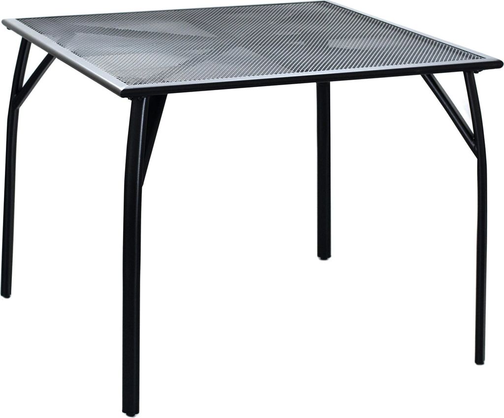 A square outdoor table with a mesh top and black metal legs, shown against a white background.