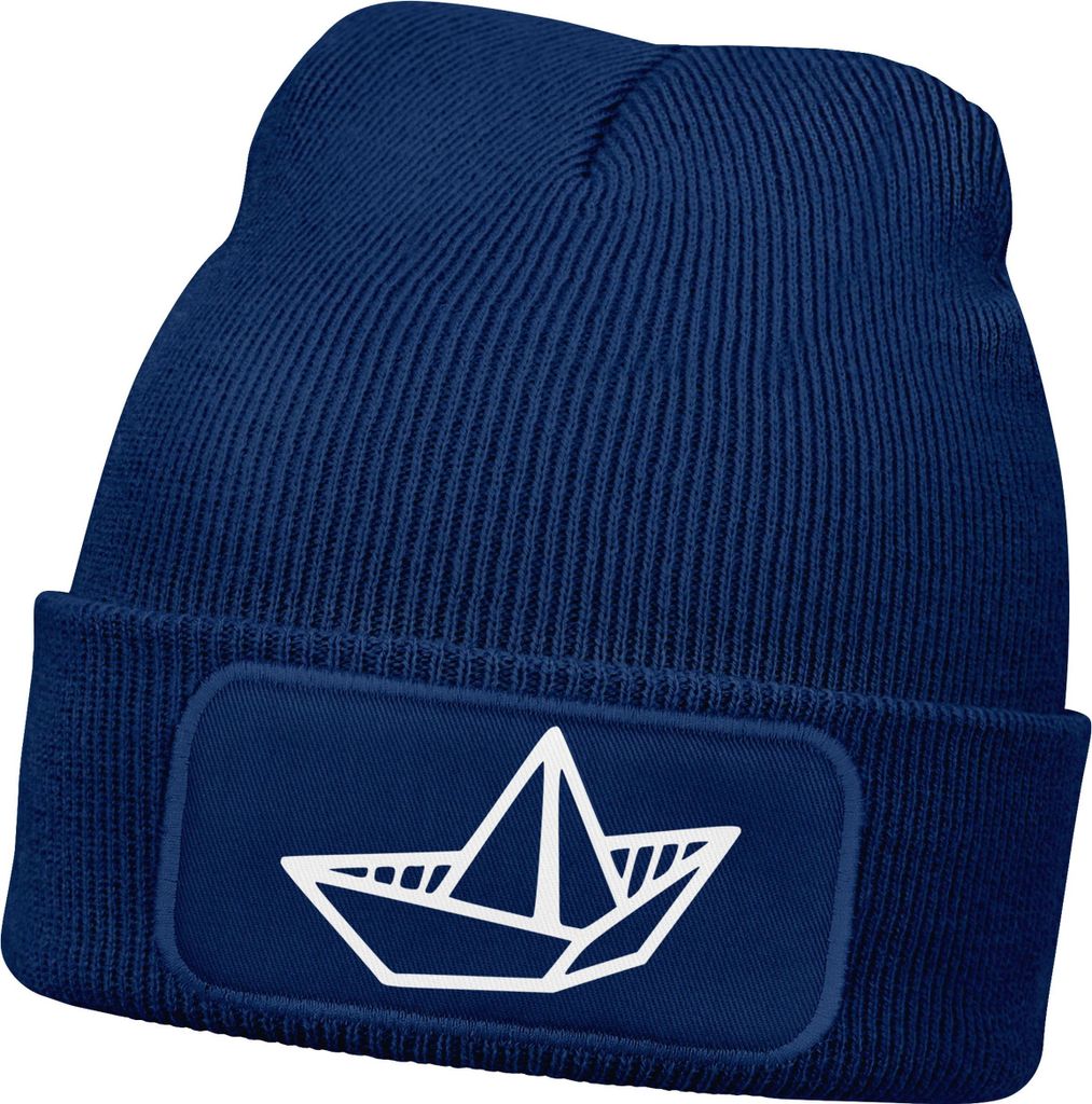 Damen Beanie mit Patch Strickmütze mit Papierboot Design Maritim Geschenk Frauen Aufdruck Lustig Damenmütze Moonworks