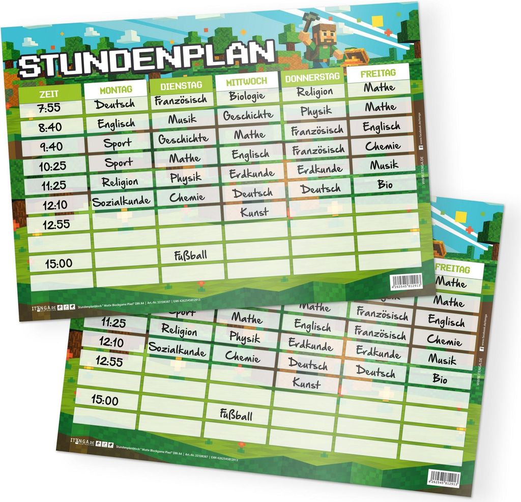 itenga Stundenplan Blockgame PIXEL einseitig abwischbar DIN Produktbild 