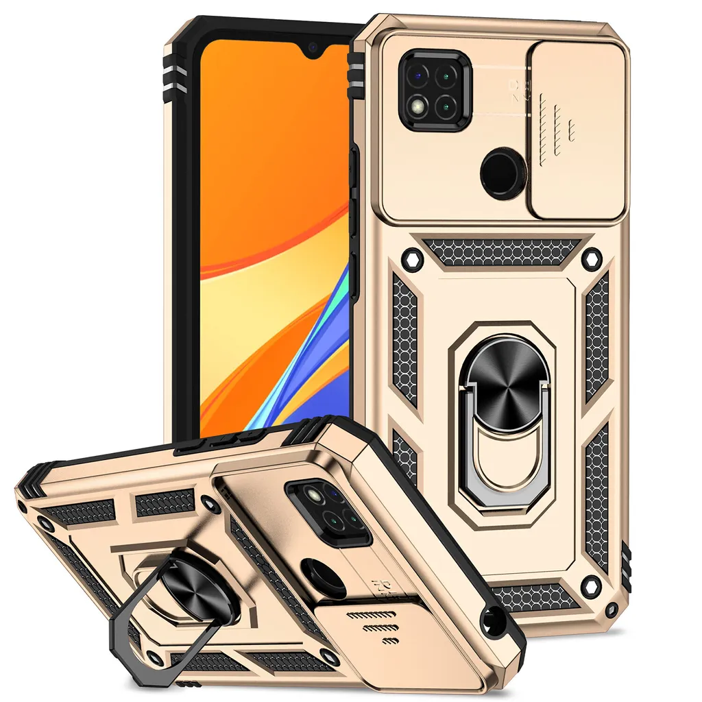 Custodia per Xiaomi Redmi 10A / 9C a doppio strato con copertura scorrevole della fotocamera e supporto ad anello Oro