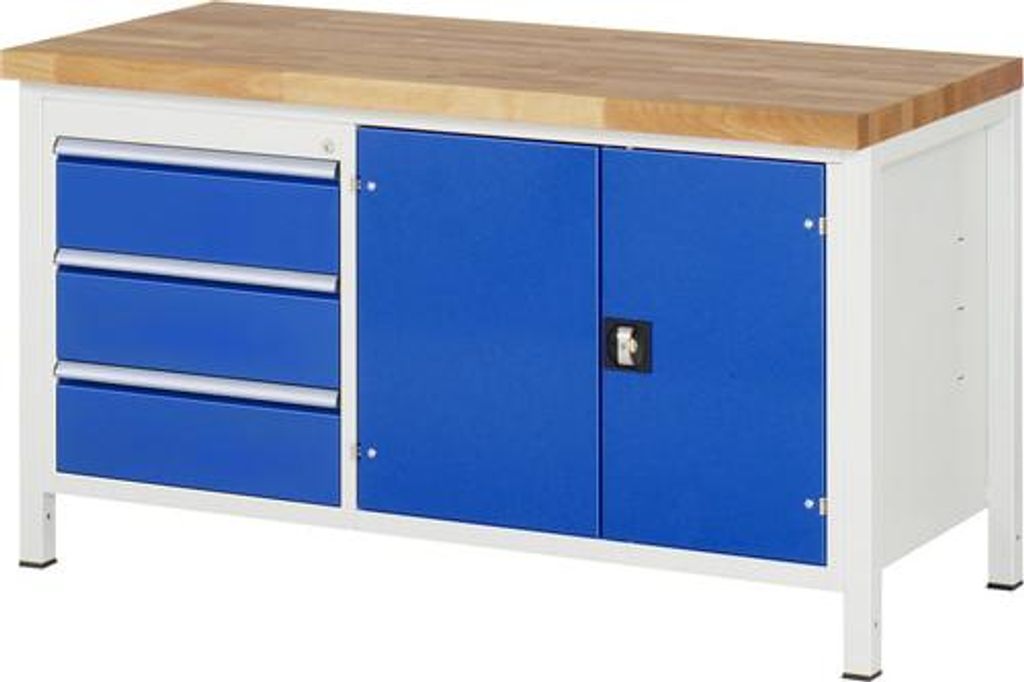 Werkbank mit Werkzeugfach - 3 Schubladen - Vollauszug - 180:3 - höhenverstellbar 840-1.040 mm - 1.500 x 700 mm (BxT) - Traglast 1.250 kg - Buche