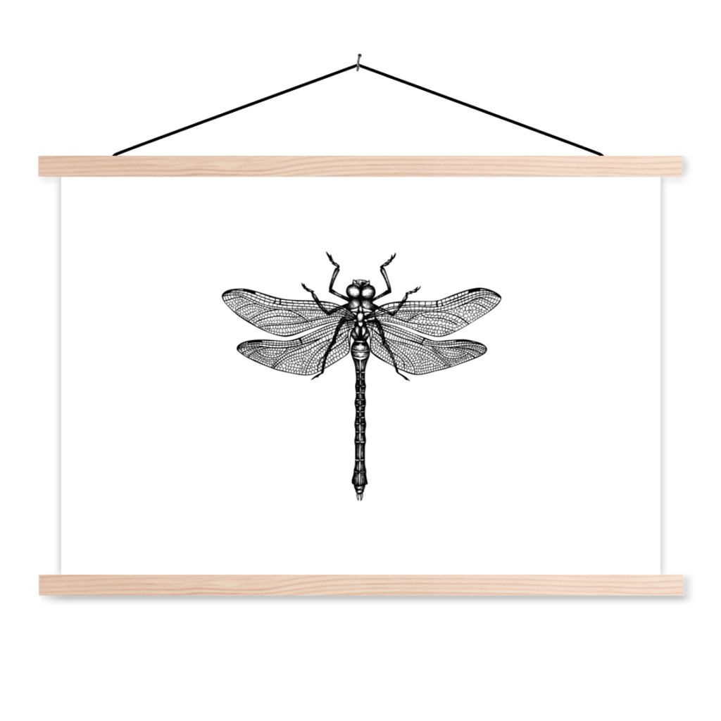 MuchoWow Textilposter Libelle - Insekten - Retro - Schwarz und weiß 60x40 cm mit holzfarbenen Rahmen - Bilder