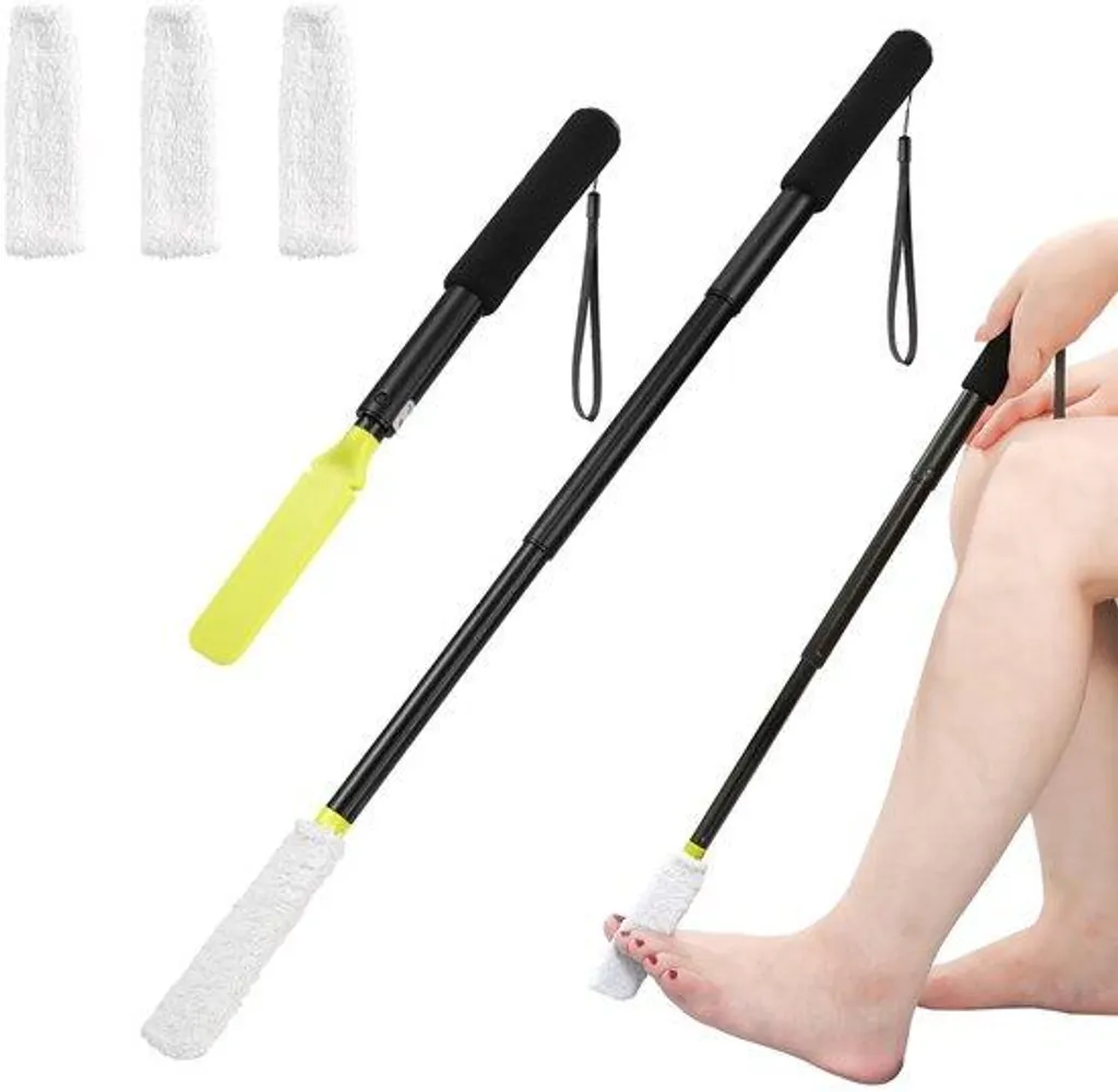 Nettoyeur de pieds douche longue tige inox - Brosse confortable et serviette