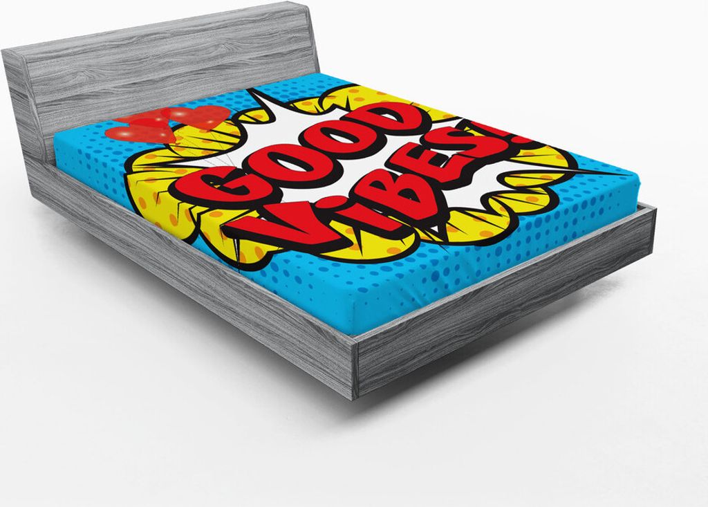 ABAKUHAUS Ausruhen Spannbetttuch, Pop-Art-Komposition mit Sprechblase Retro Buchstaben Herz Ballons, 90 x 200 cm, Blau Gelb Vermilion