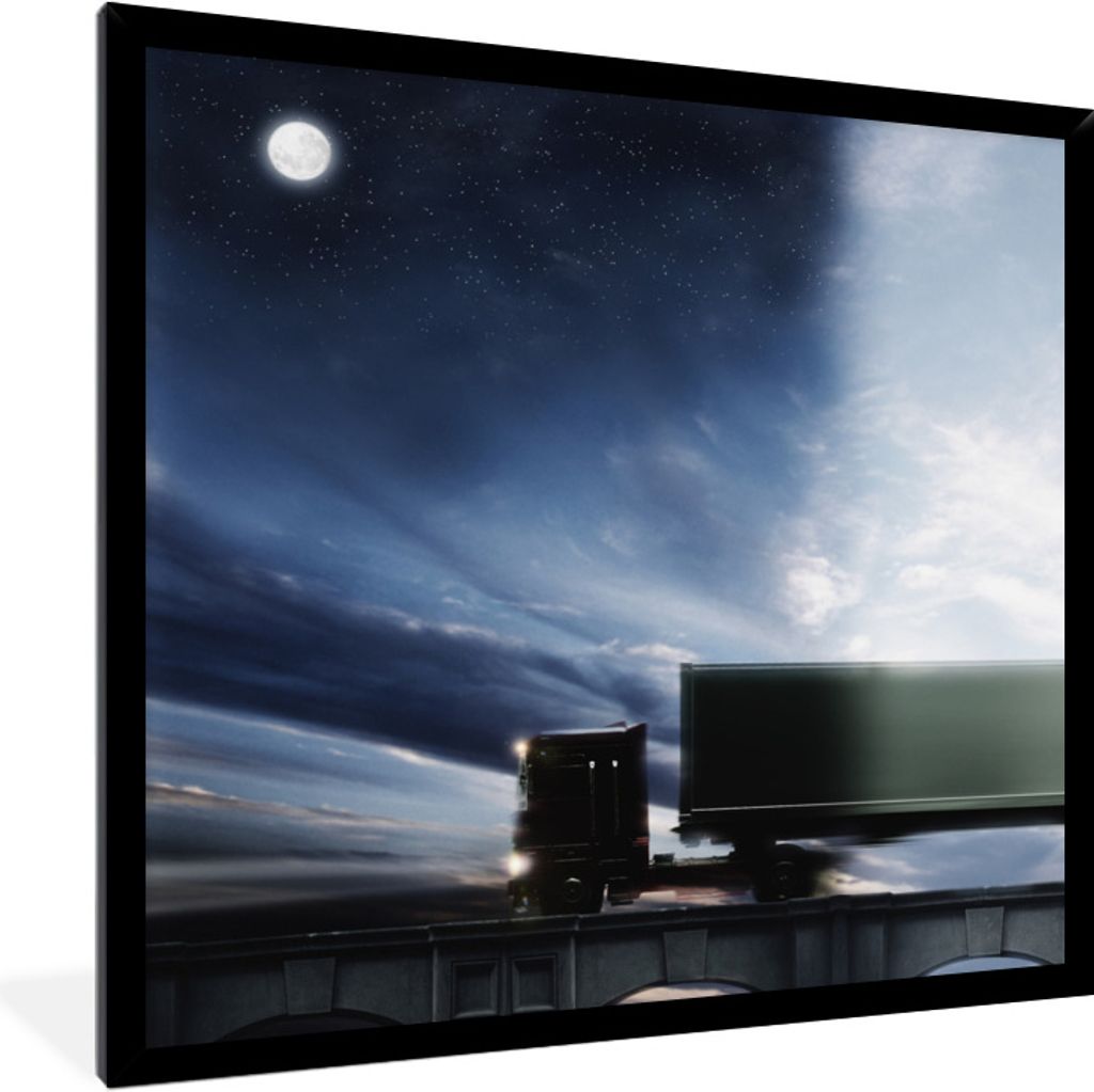 MuchoWow Gerahmtes Poster Lastwagen - Nacht - Mond 40x40 cm - Poster mit Schwarzem Bilderrahmen Wandposter Rahmen Foto Bilder - Mit Rahmen - Wand...