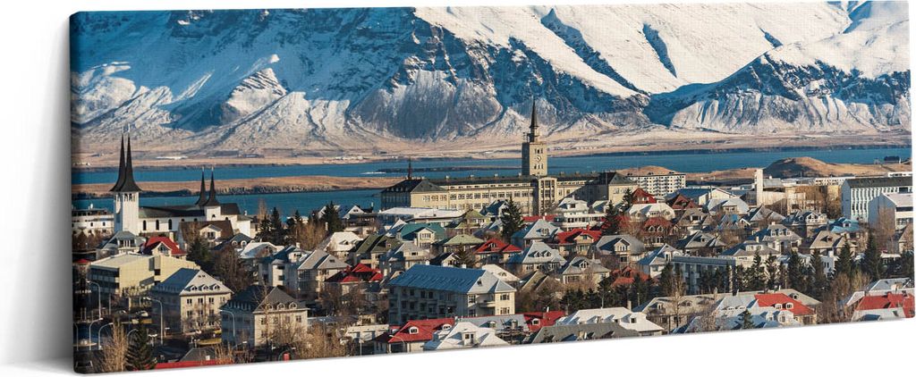 Ansicht von Reykjavík Island – Leinwandbild Wandbild – 125x50 cm – Leinwandbilder – Wandbilder – Schlafzimmer – Flur