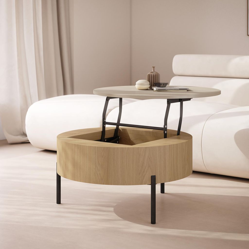 Design Couchtisch ZAF-1 rund aufklappbar höhenverstellbar mit Stauraum